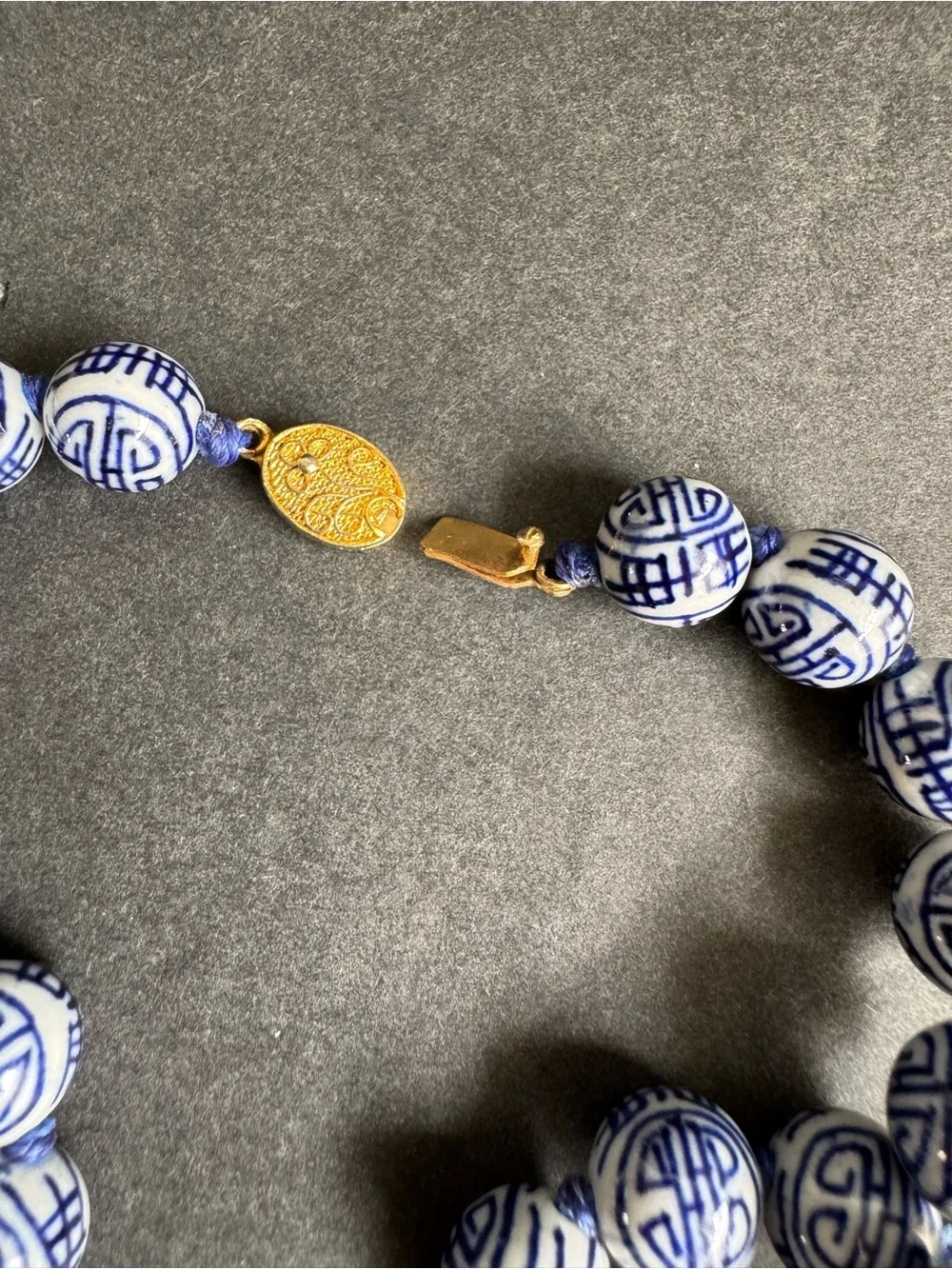 Vintage Chinese Shou Bead Necklace Blue White Porcelain Beaded Longevity 24